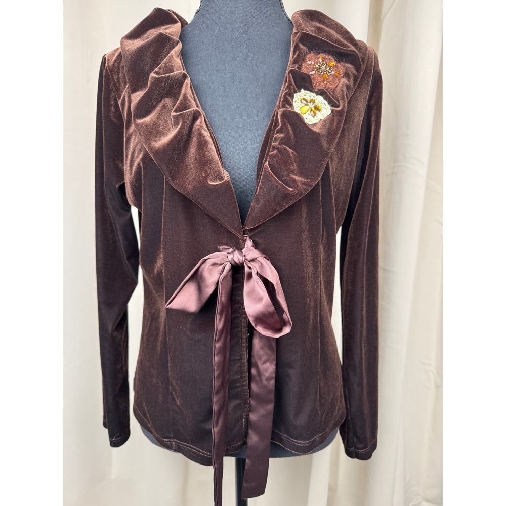Y2K Chocolate Brown Velvet Tie Front Jacket Beaded Floral Soft Goth‎ Fairy XL